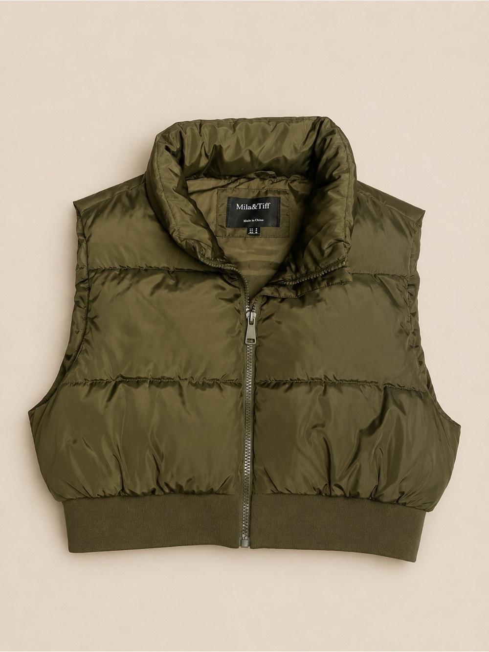 Mila & Tiff Olive Cropped Puffer Vest Quilted Utility Bomber Size M